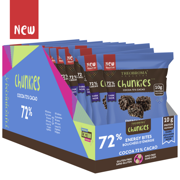 72% Organic Dark Energy Bites Crispy Chocolate Chunkies | Box of 12 | Theobroma Chocolat